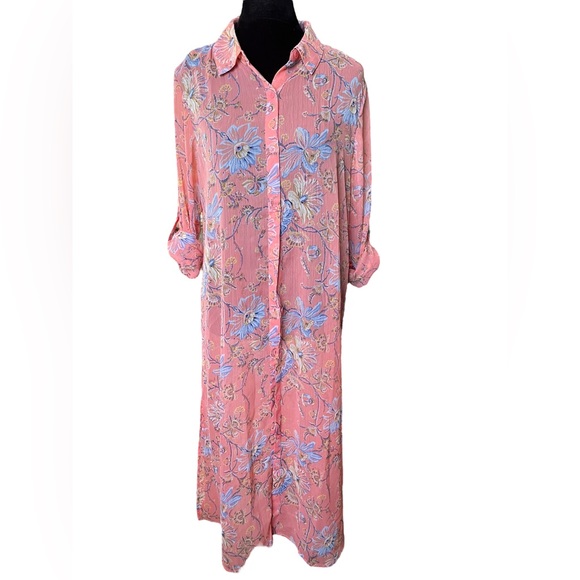 C Wonder Pink Eclectic Cottagecore Artsy Long Sleeve Button Up Duster Tunic Top - Picture 1 of 6